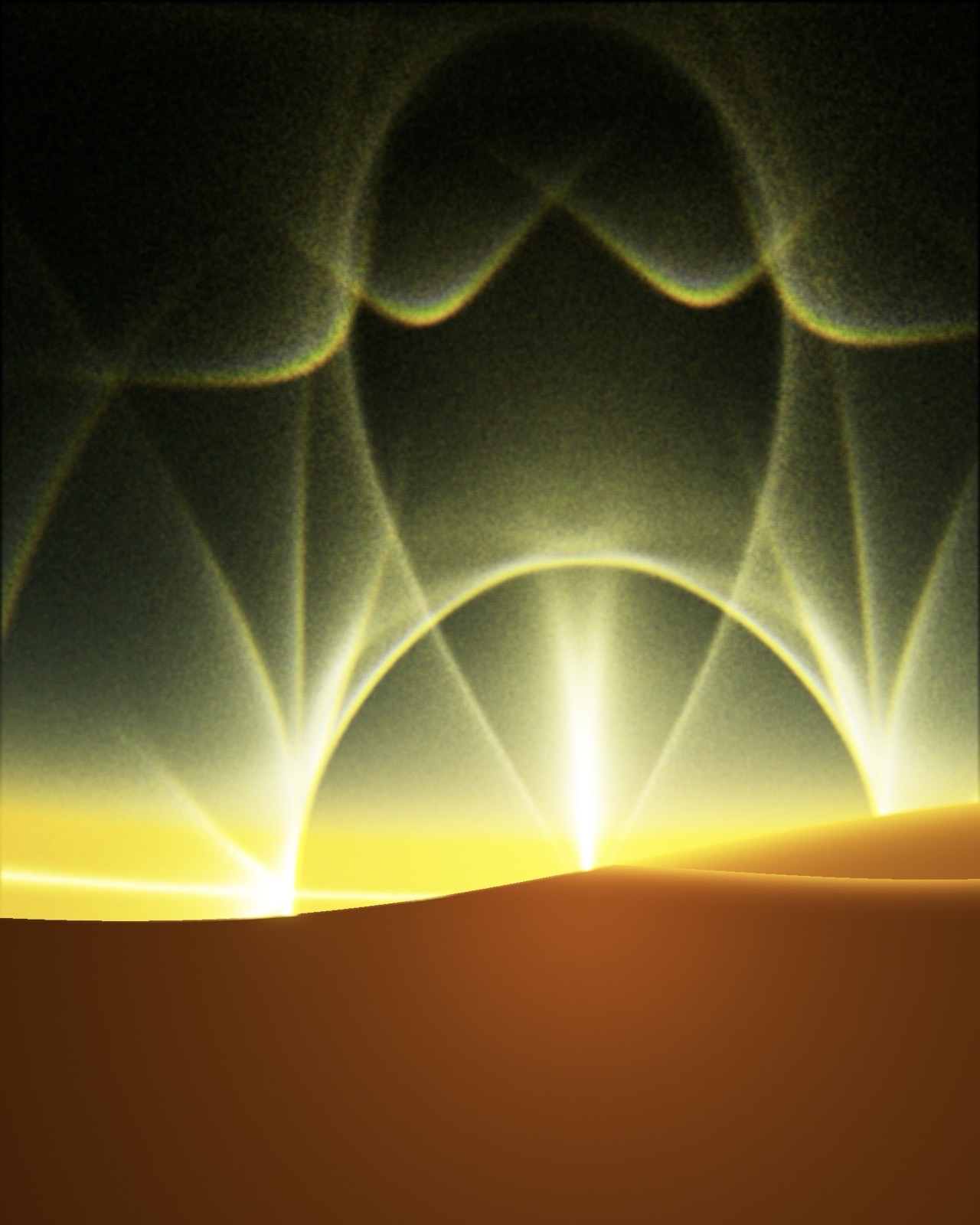 PARHELION plate 11 — a sun pillar and repeating rainbow-fringed arcs rising from a golden dune horizon at low sun.