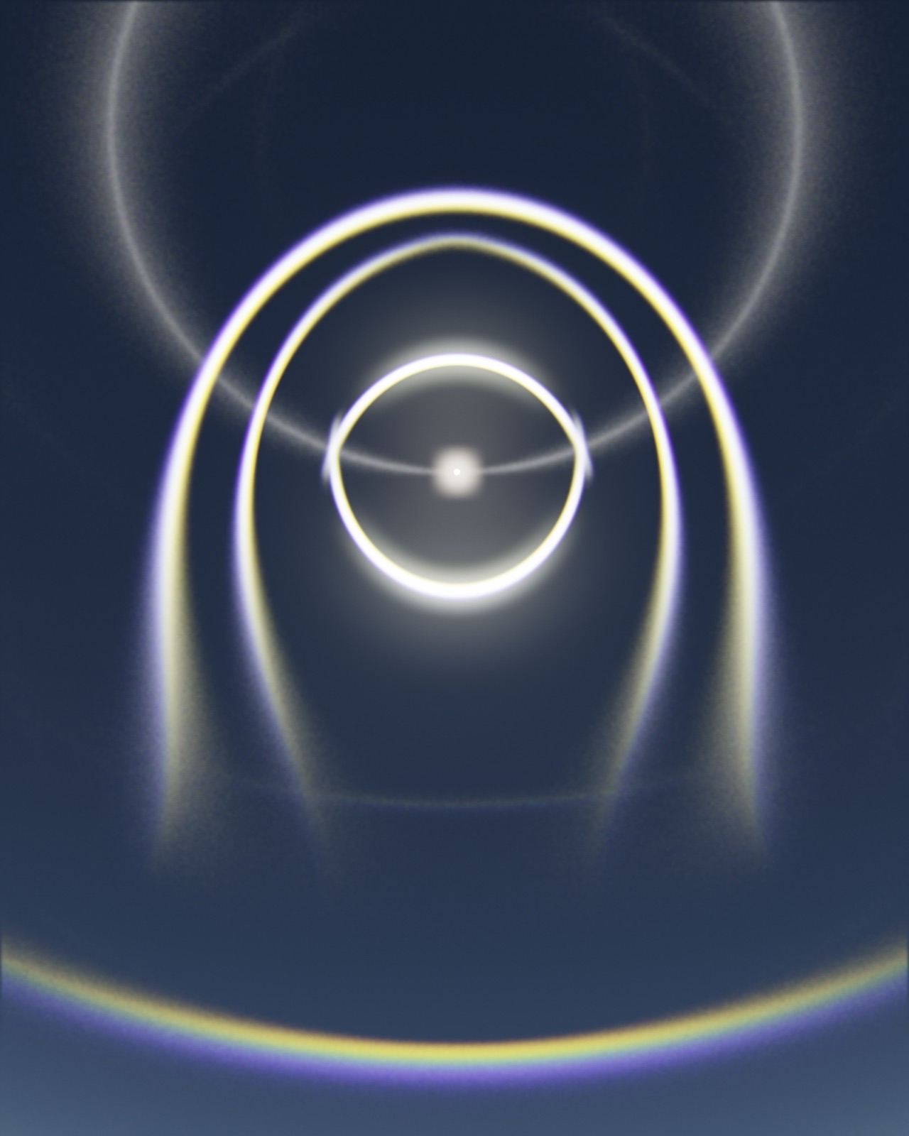 PARHELION plate 27 — ice halo display with the sun high overhead, nested 22° and 46° halos ringed in gold and violet against a deep blue-grey sky.