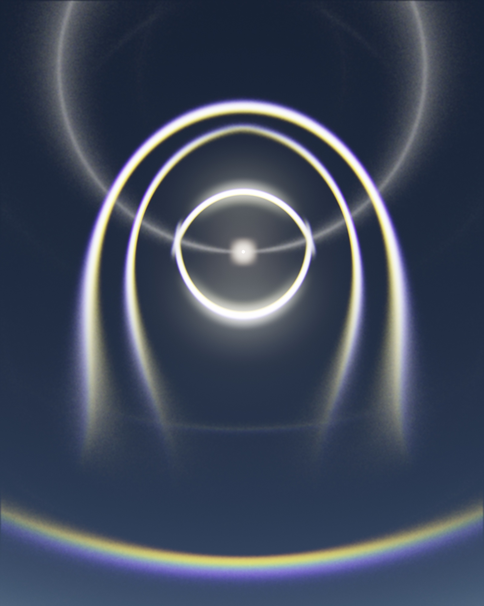 PARHELION plate 27 — a high sun encircled by nested halos at unusual radii, produced by pyramidal ice crystals, against a deep blue-grey sky.